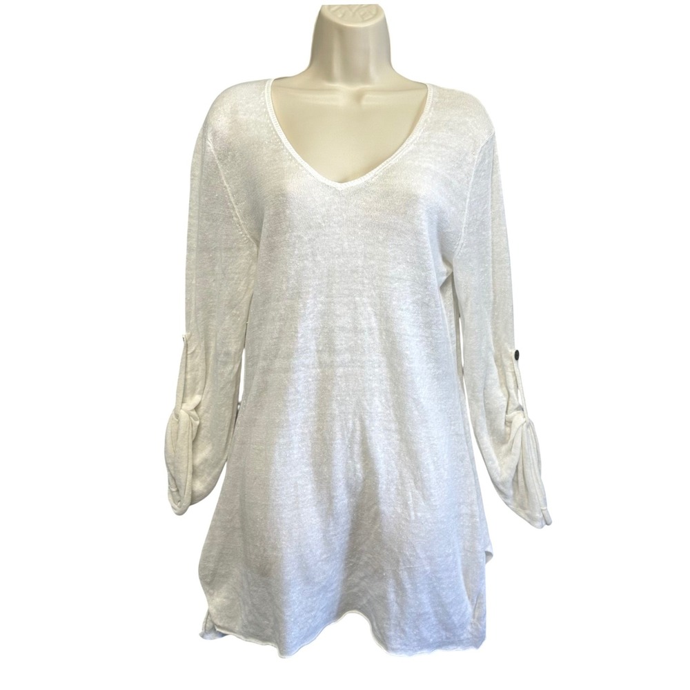 Womens Tunic Top Size M Ivory 100% Linen V-Neck Roll Tab Coastal Grandma‎ Beachy